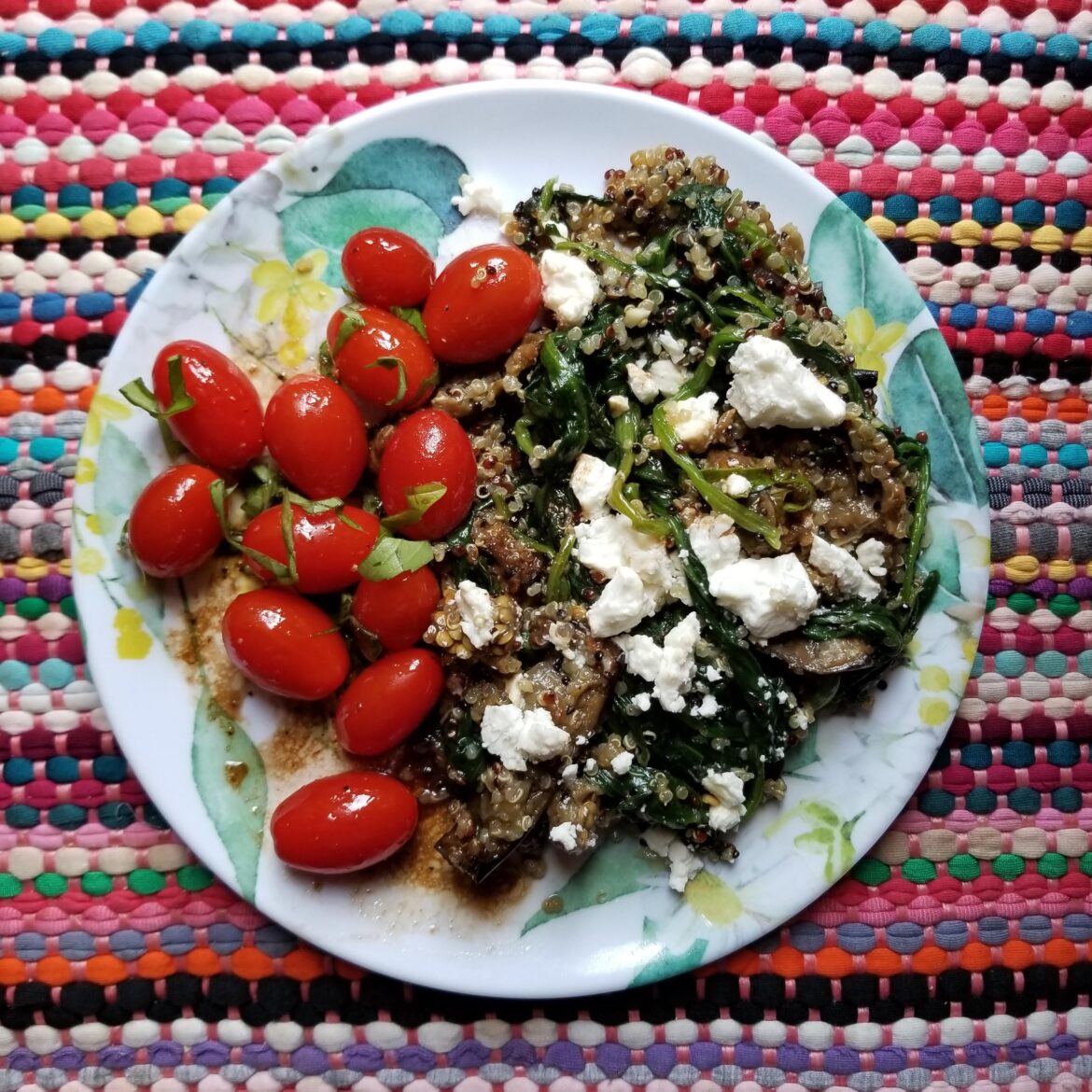 Today's Lunch: Roasted Eggplant, Spinach, Quinoa and Feta Salad with Marinated Grape Tomatoes ~ 310 Calories