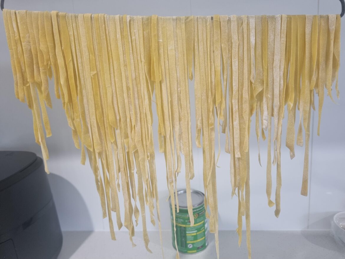 First time making pasta from scratch! Used a clothes hanger bcs I don't have a proper pasta hanger thingy 😅
