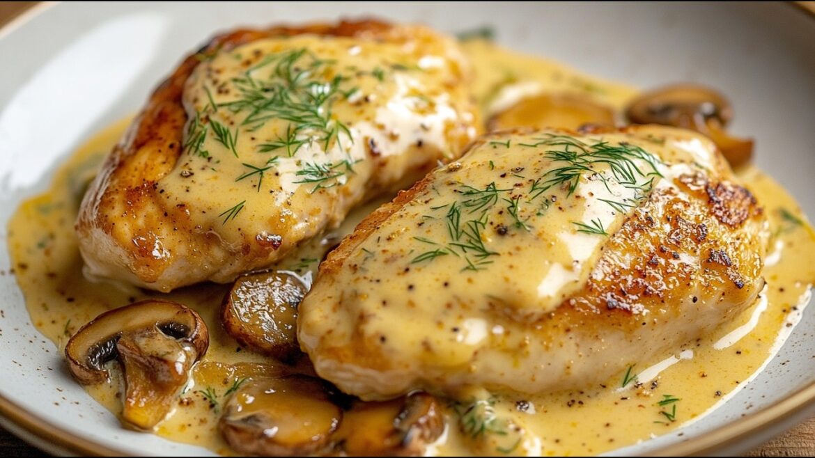 The most tender chicken in creamy mushroom sauce is a delight in every spoonful! The most tender chicken in creamy mushroom sauce is a delight in every spoonful!