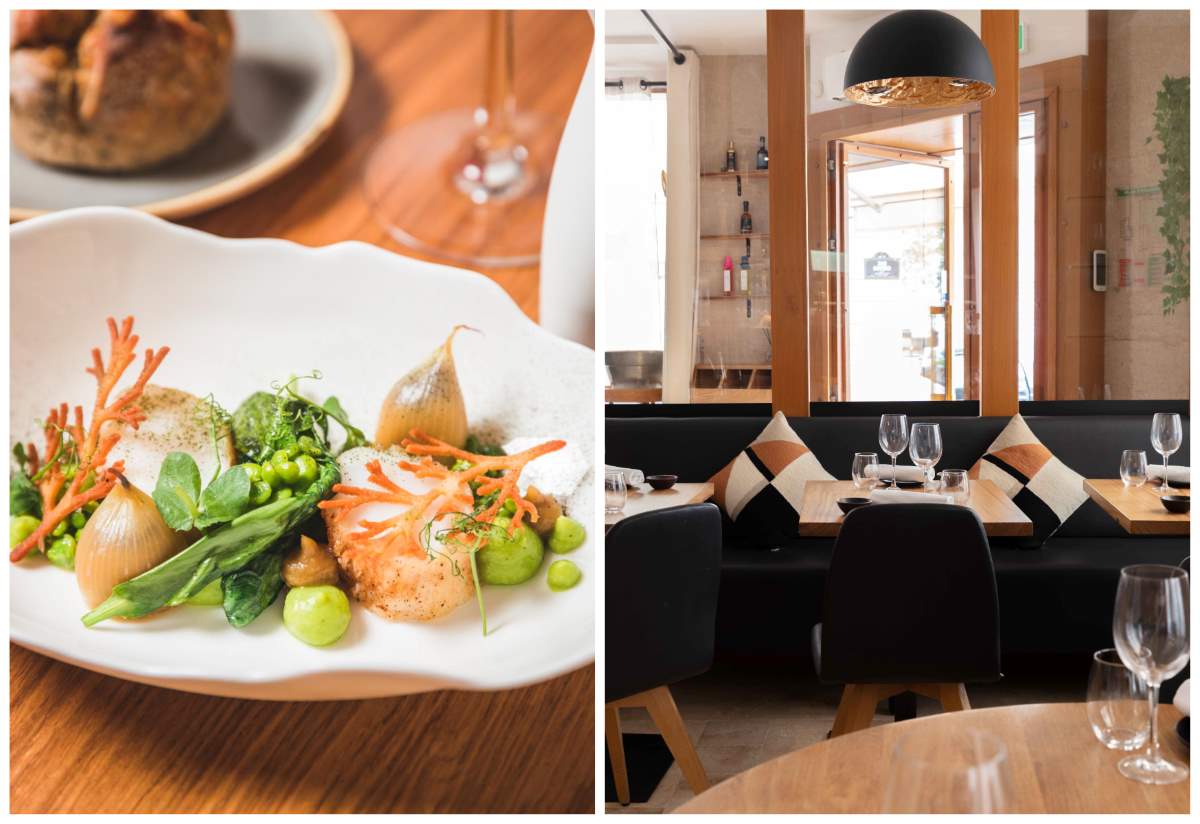 Scallops with Mediterranean touches and the navy banquettes inside the restaurant. (L) ©TheTravelBuds__PresseBaieta. (R) ©Roch Debache