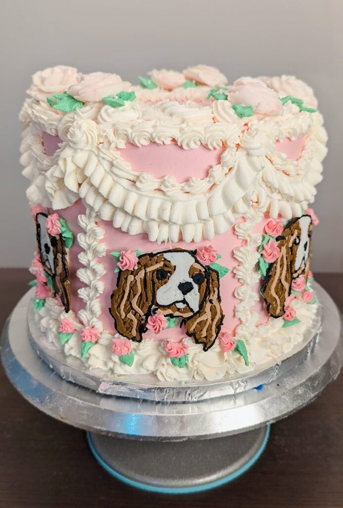 Dog themed vintage style cake! Tried some new things.