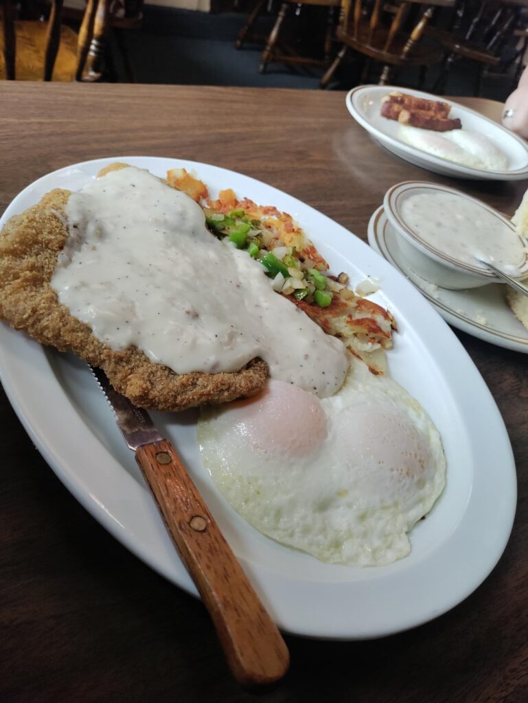 Country fried steak and eggs (over easy). Plus biscuits and gravy. From our favorite family owned restaurant.