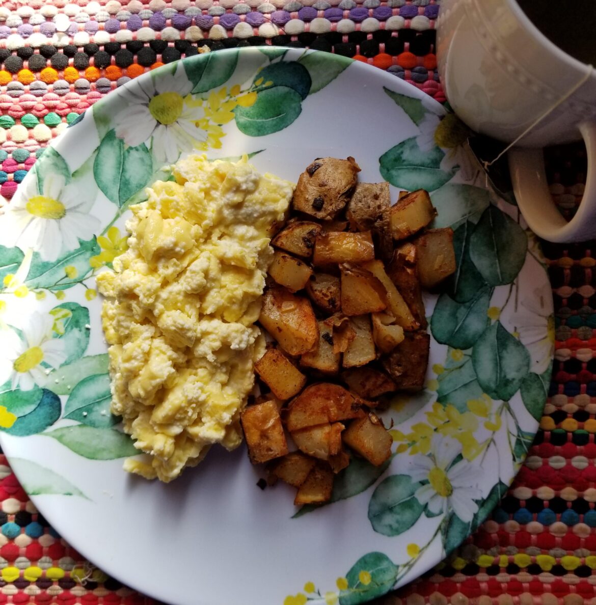 Today's Breakfast: Scrambled eggs and Ricotta Cheese With a Side of Fried Potatoes ~ 370 Calories