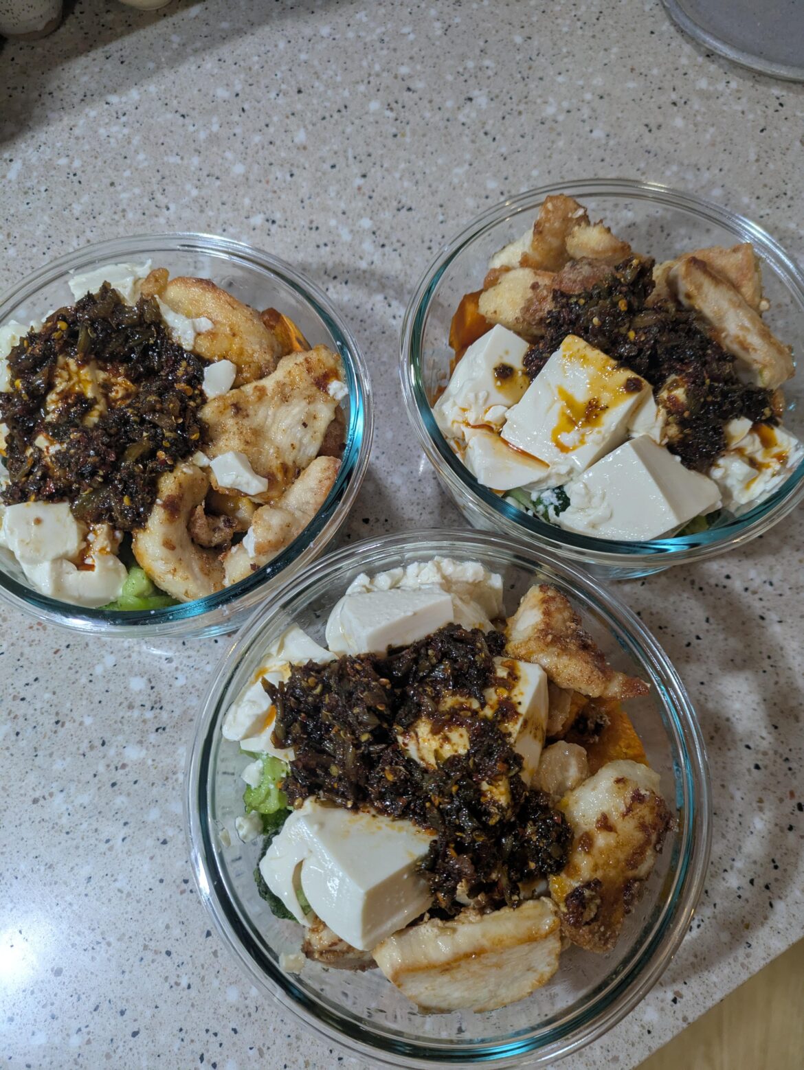 Late Lunch Prep: Sichuan "Flower Bean Curd" ...plus chicken, broccoli, and roast sweet potato