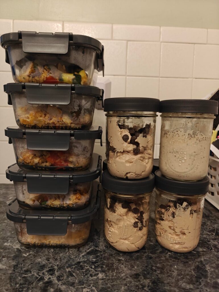 My Sunday meal prep is done. Three breakfasts, five lunches, and four snacks.