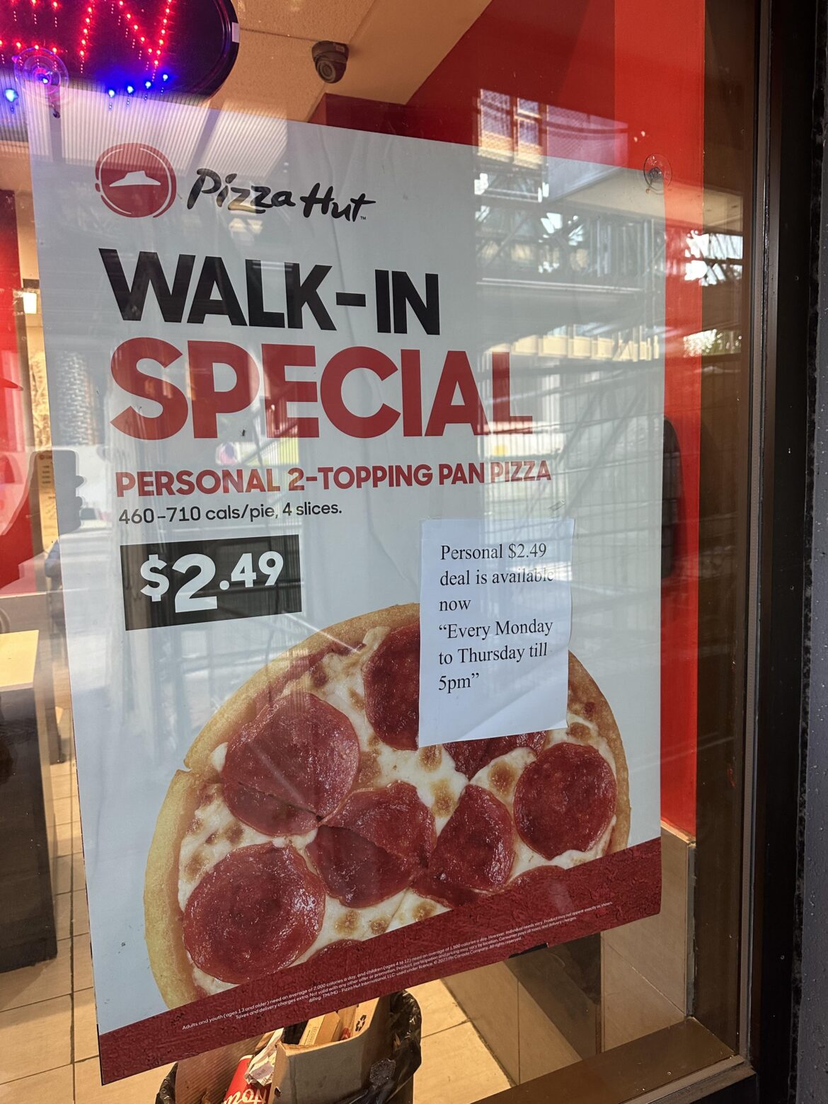 For the “cheap eats” repeat asks - Pizza Hut @ 810 Church St (near Bloor-Yonge) offering $2.49, 6” personal size, 2 topping pan pizzas - Mon thru Thurs until 5 PM