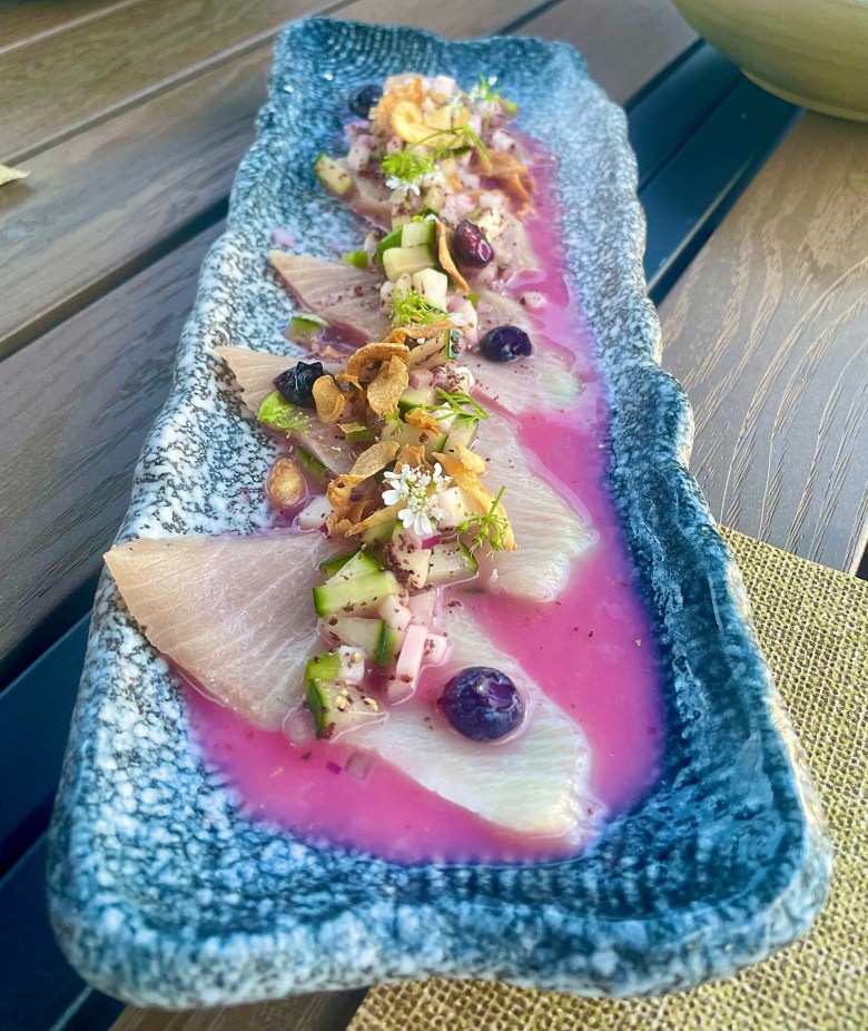 Salgam Crudo with koji-cured Hamachi Salgam Leche de Tigre,pickled blueberry salsa with garlic cilantro blossom.