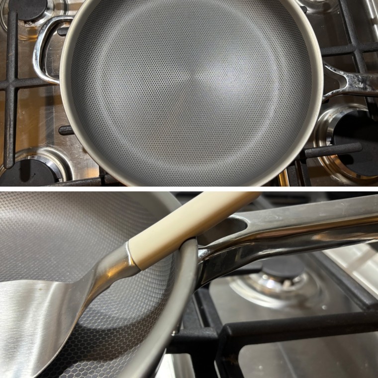 The interior of Our Place’s Titanium Always Pan Pro, top, and a close-up image of its integrated spoon rest, bottom.