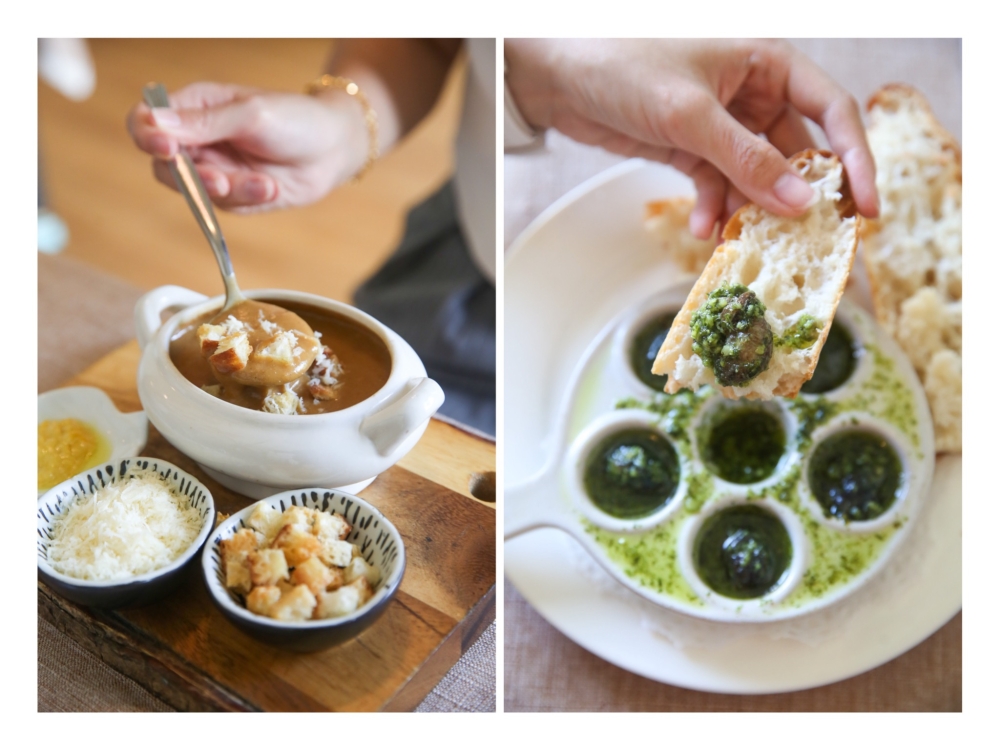 Fish Soup (left) uses a family recipe for a deep tasting soup and Escargots Bourguignon (right) are prepared the traditional way, where it’s sauteed with parsley and garlic butter. — Pictures by Choo Choy May