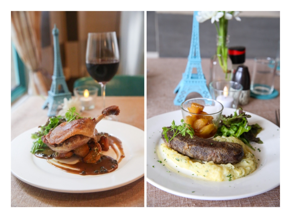 Traditional French dishes like Canard Confit (left) uses duck leg slowly cooked in its own fat and Boudin Noir (right), a rarely seen pork blood sausage paired with caramelised apples. — Pictures by Choo Choy May