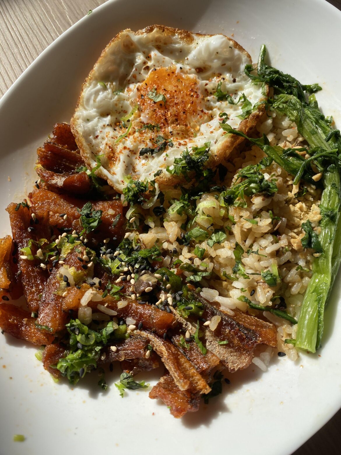 Haven’t done my weekly shop so threw together some inned fish, rice, wilted greens and a sunny side up