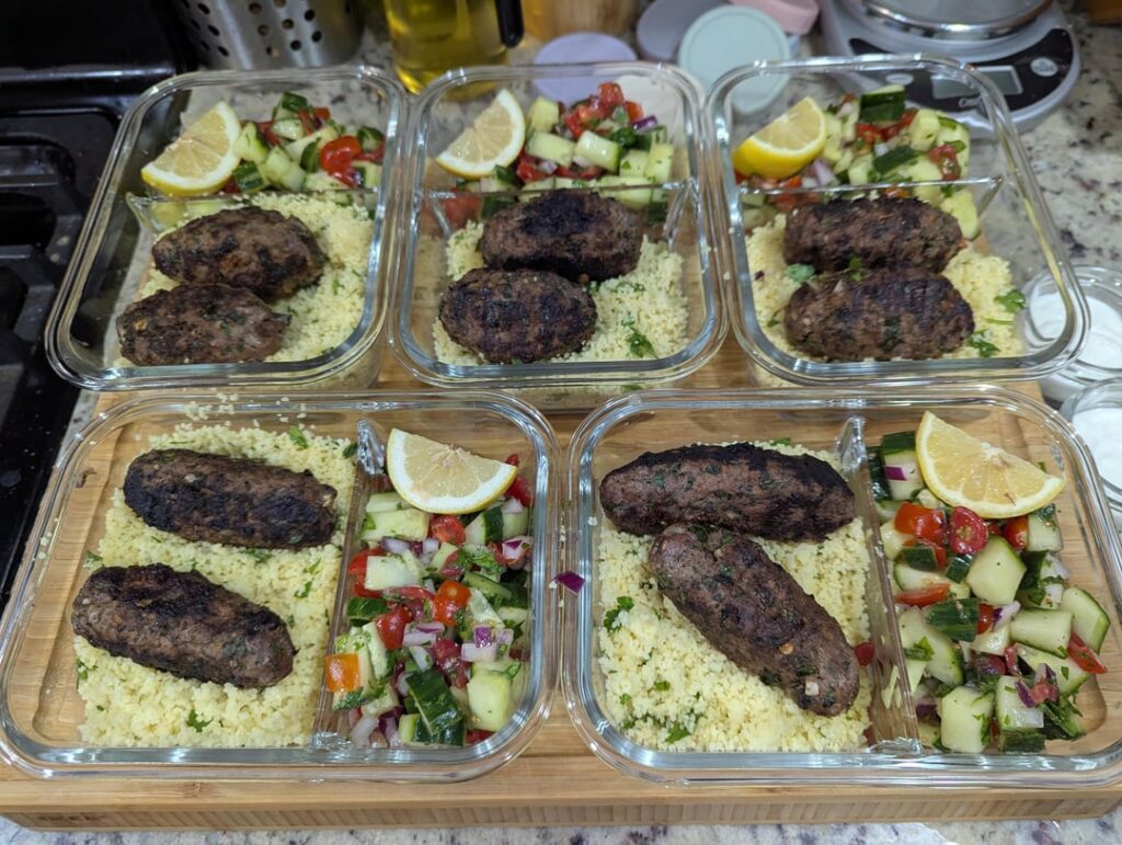 Beef Kofta with Couscous, Cucumber–Tomato Salad & Garlic–Lemon Yogurt (~650 kcal)