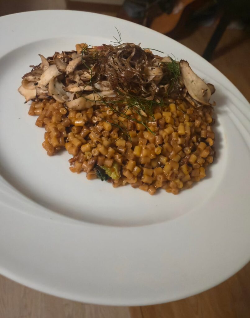 Tubetini risottata with charred Brussels, fennel and toasted mushrooms Tubetini risottata with charred Brussels, fennel and toasted mushrooms