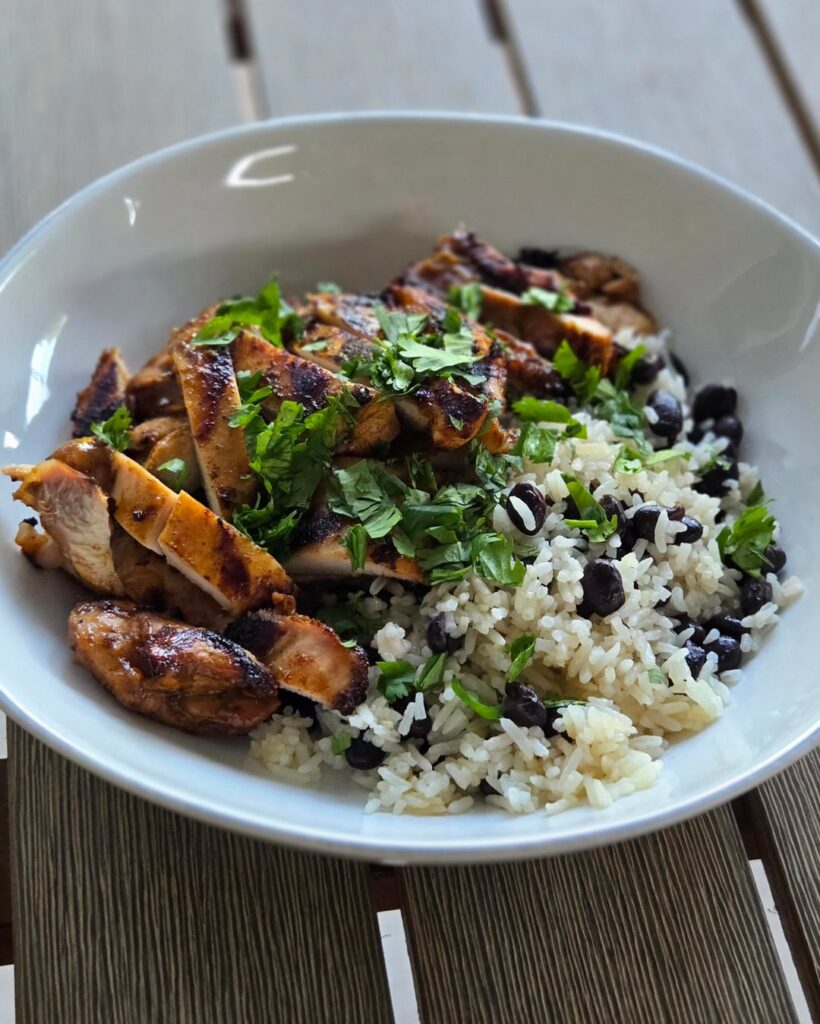 Jerk Marinated Thighs, Coconut Jasmine Rice with Black Beans