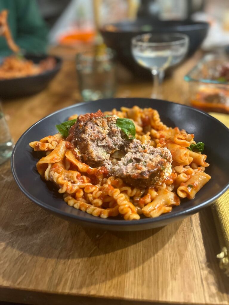 Meatball and campanelle w tomato sauce