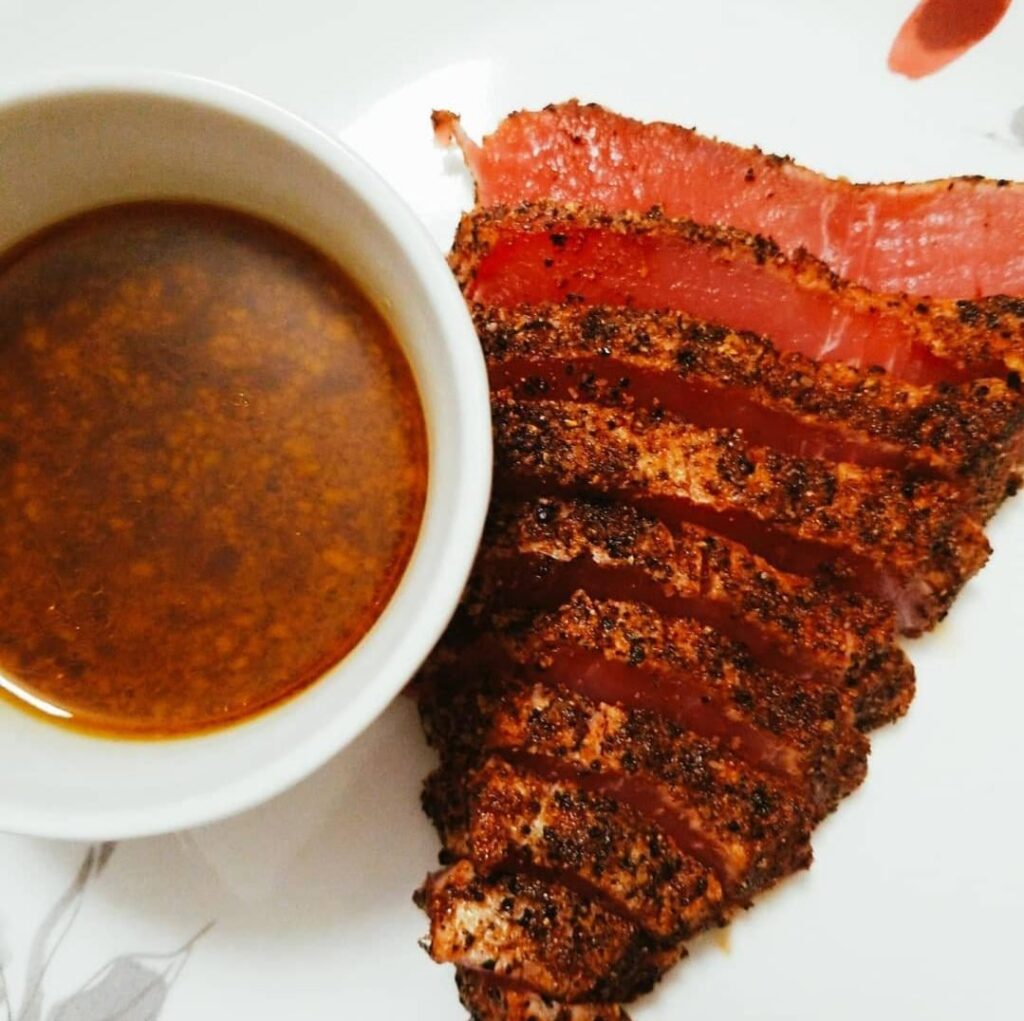 Pan seared Salt and Pepper Ahi Tuna with vinaigrette dressing