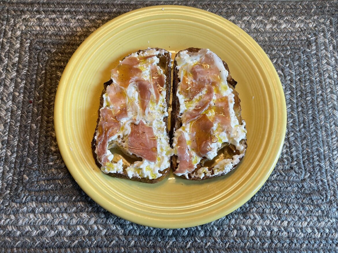 straciatella on sourdough w/ prosciutto, EVOO, & black pepper