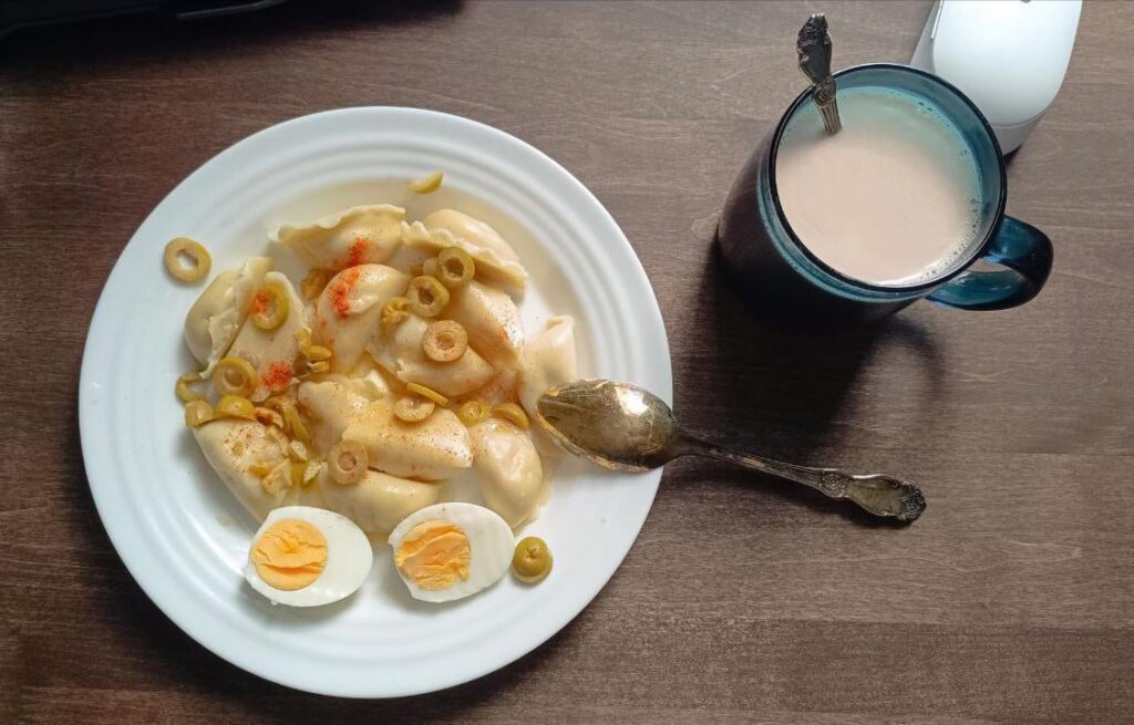 Dumplings with potatoes, olives and egg. Fast and fillin.