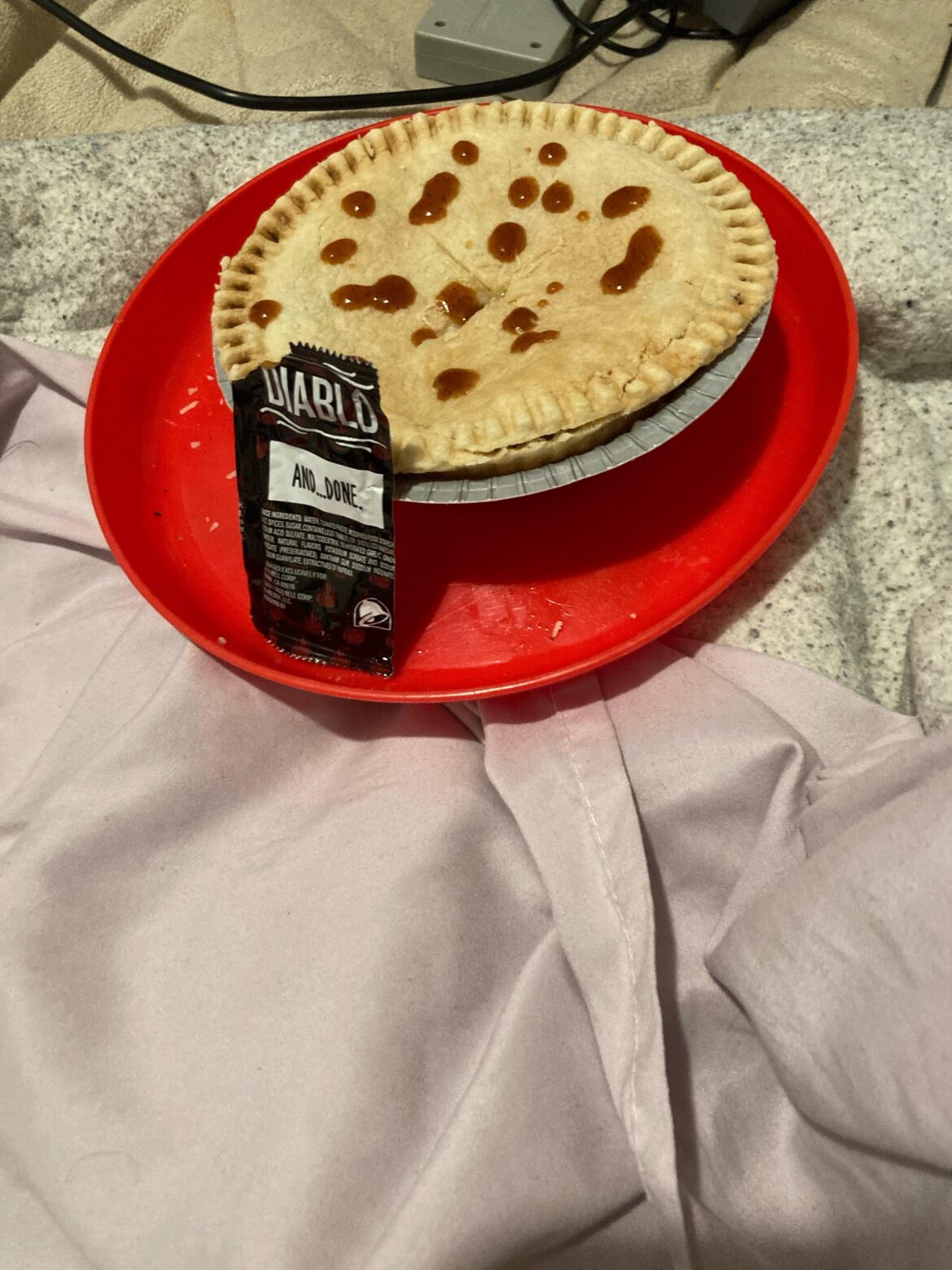 Banquet chicken pot pies plus Taco Bell Diablo sauce.