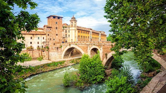 Tiber Island and Fabricius Bridge on the river Tiber.