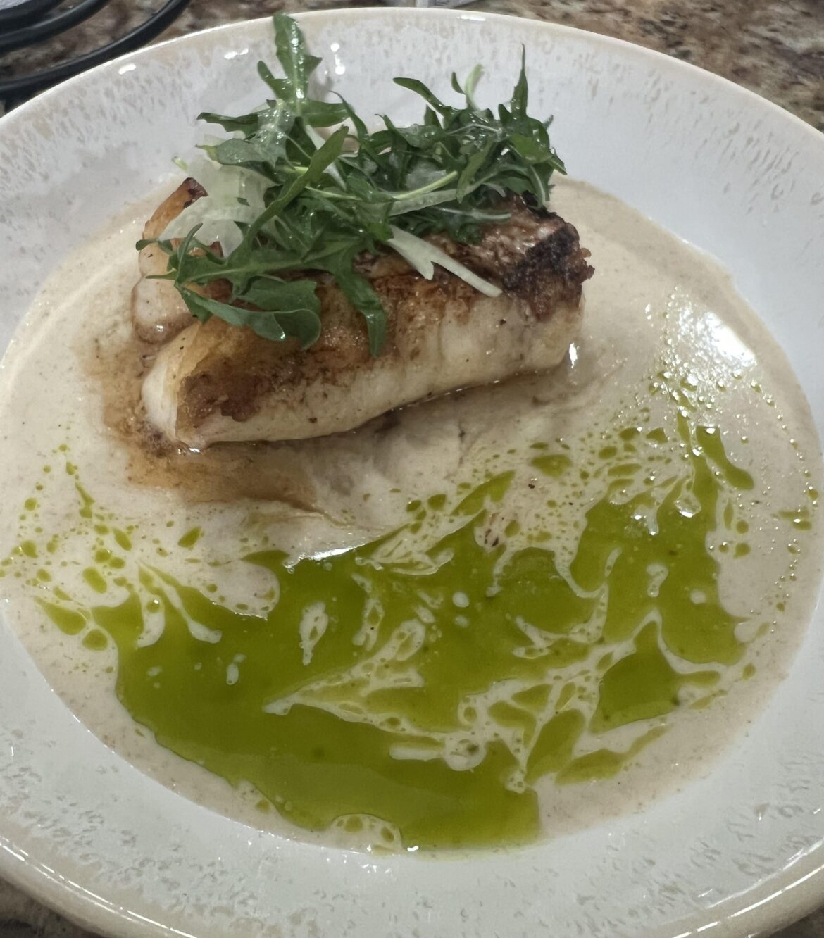 Red snapper, fennel veloute, dill/basil oil. Arugula and fennel salad on top