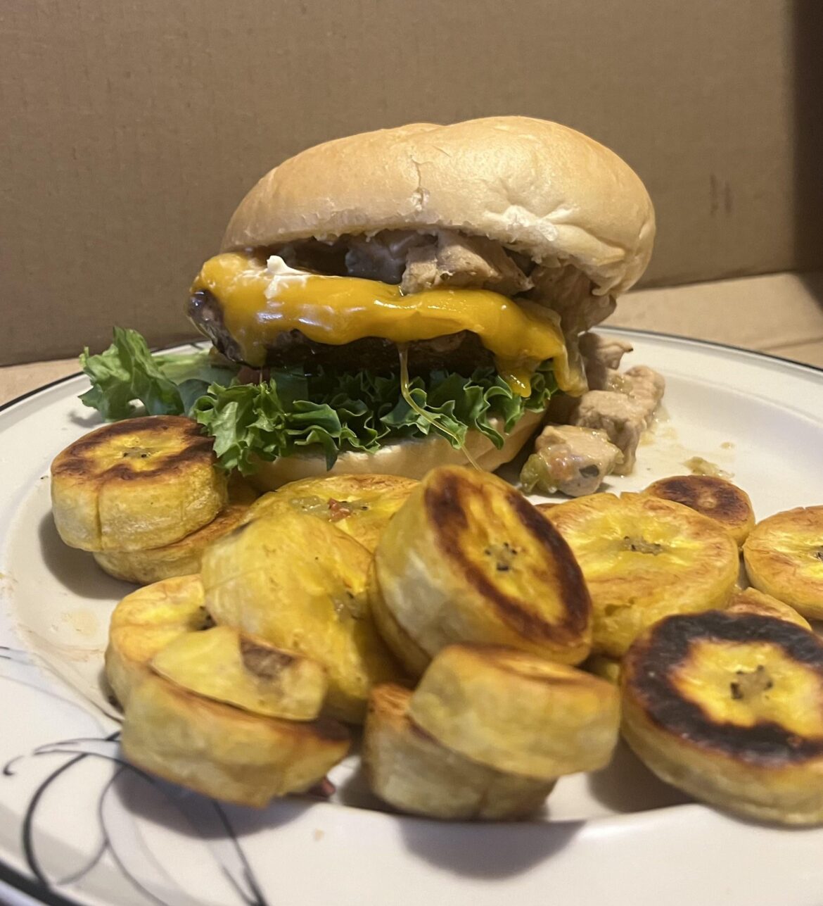 Green Chili Burger with fried plantains