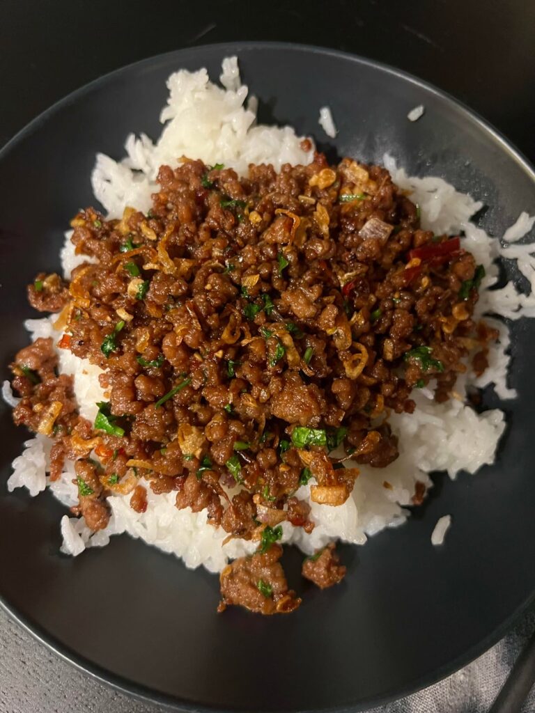 Thai-ish Minced pork, chilies, garlic, ginger, cilantro, fried shallots over rice [homemade]