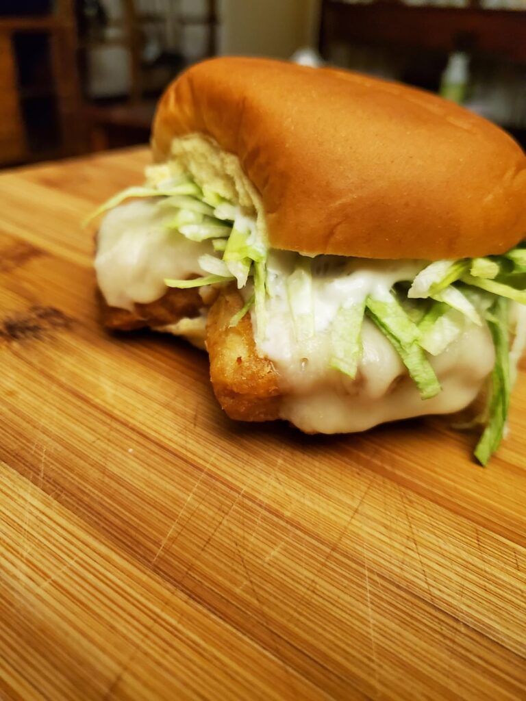 Got creative and made fish nugget sandwich with my last piece of American cheese.