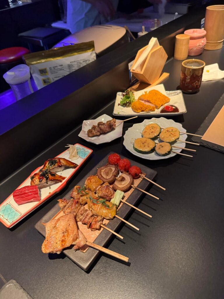 Yakitori, sushi, pork, tuna