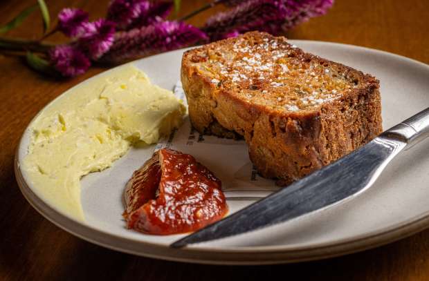 Warm zucchini bread with tomato jam and corn butter from...