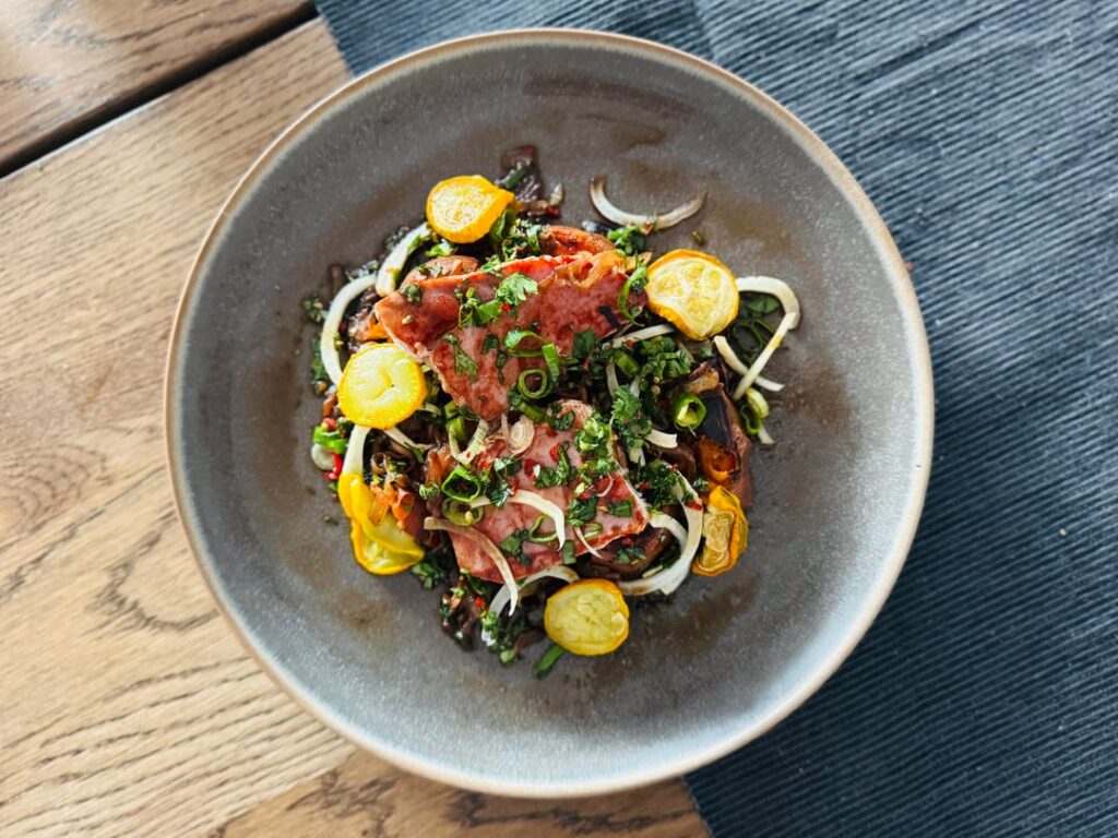 balsamic roasted sweet potato, grilled tuna & chili-herb and fennel salad