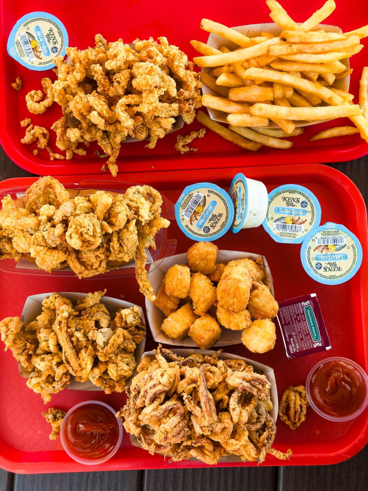 Fried calamari, whole belly clam,  scallop and clam strips in New England.