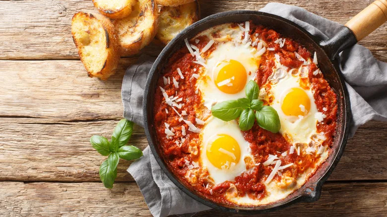 a pan containing eggs alla pizzaiola.