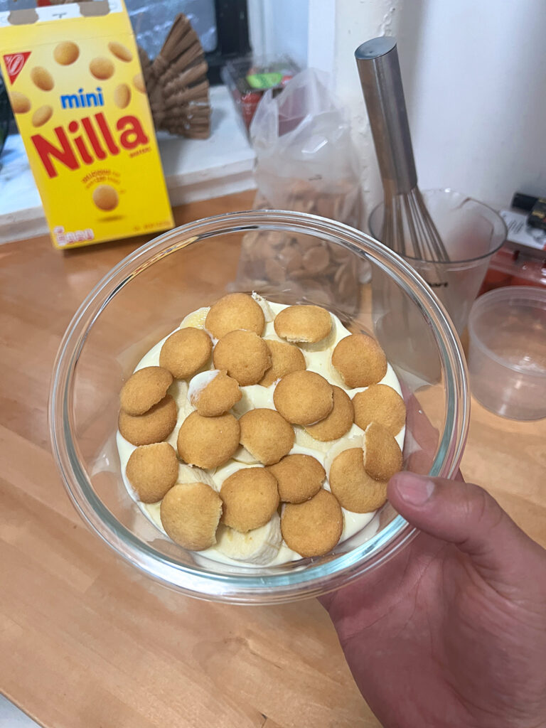 Banana pudding mixture in a bowl