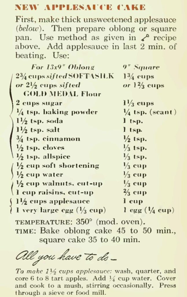 New Applesauce Cake (Betty Crocker's Picture Cook Book 1950)