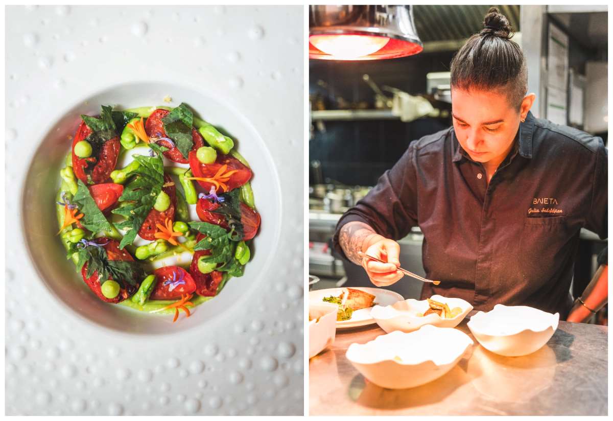 A colourful seasonal dish at One-Star restaurant Baieta in Paris and Chef Julia Sedefdjian at work in her kitchen. (L) ©Roch Rebache. (R) ©Baieta 