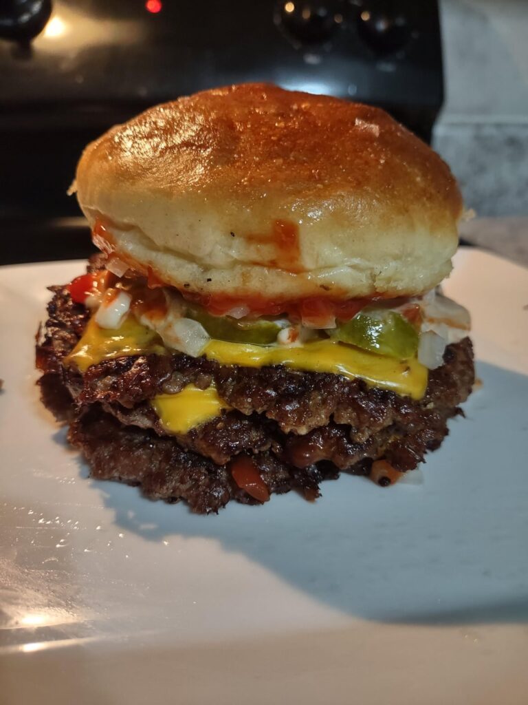 Triple cheeseburger on hokkaido milk bun