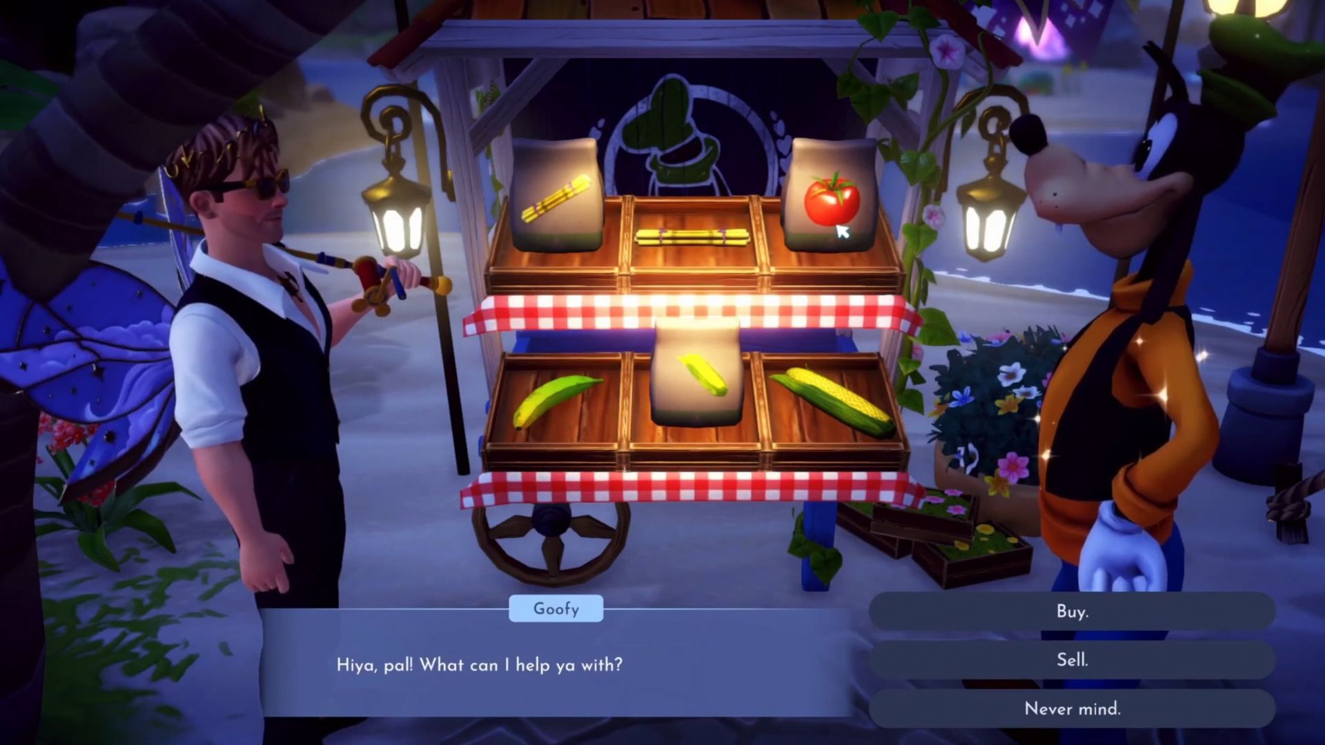 Buy tomato seeds from Goofy's Stall (Image via Gameloft)