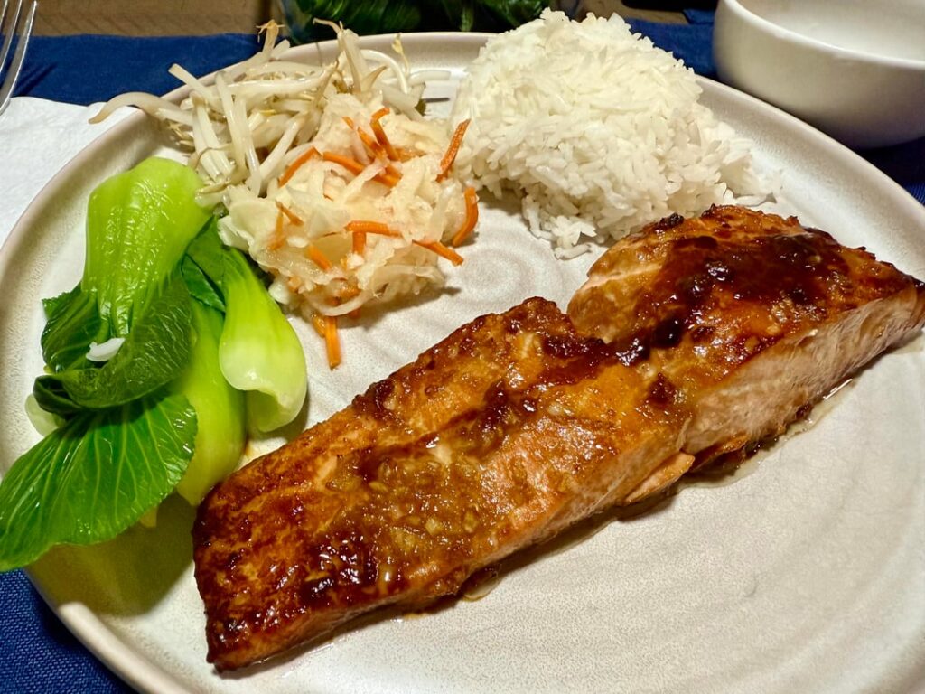 Faroe Island salmon with a homemade stir fry sauce, bok choy and pickled veggies.