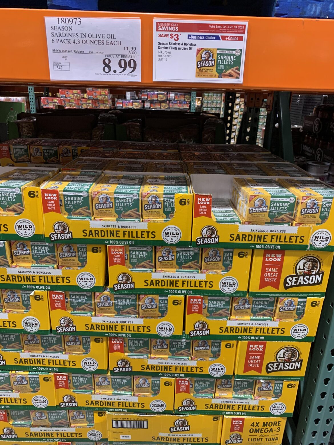 Season Sardine boneless/skinless Fillets on sale at Costco for $8.99 a pack.