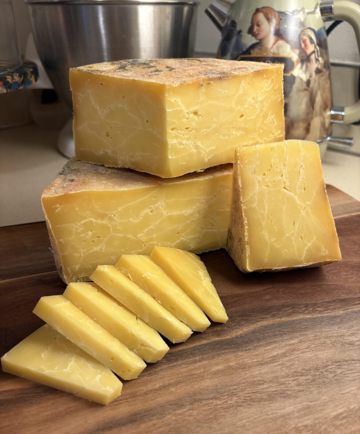 Homemade clothbound cheddar cheese aged nine months.