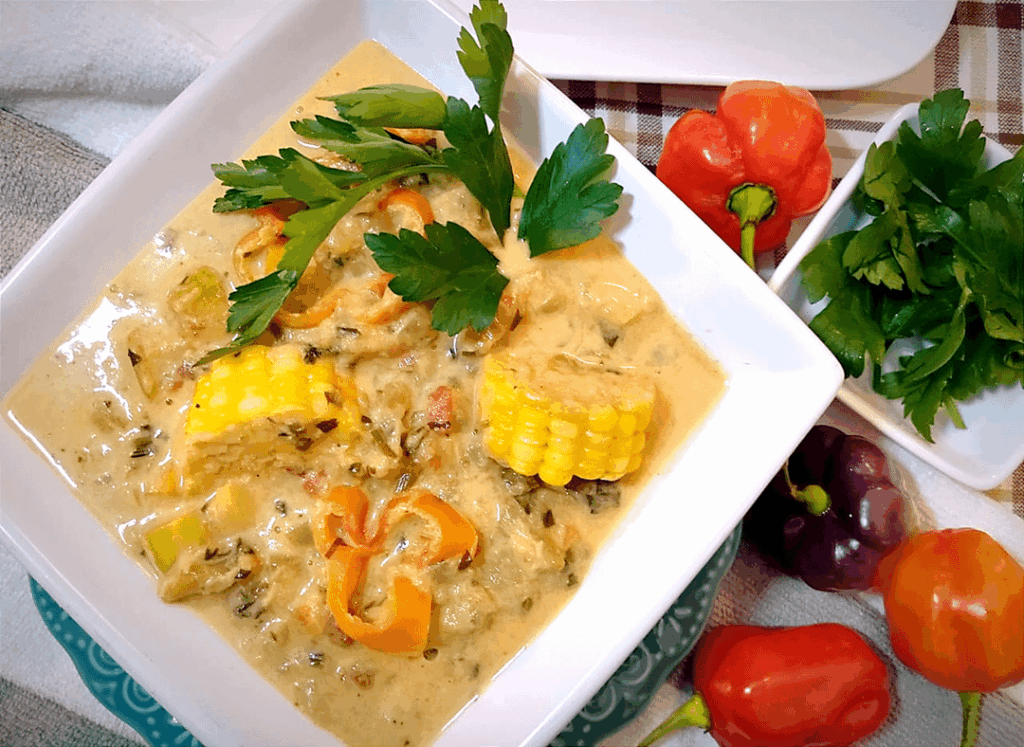 Homemade creamy coconut milk and vegetable soup for dinner