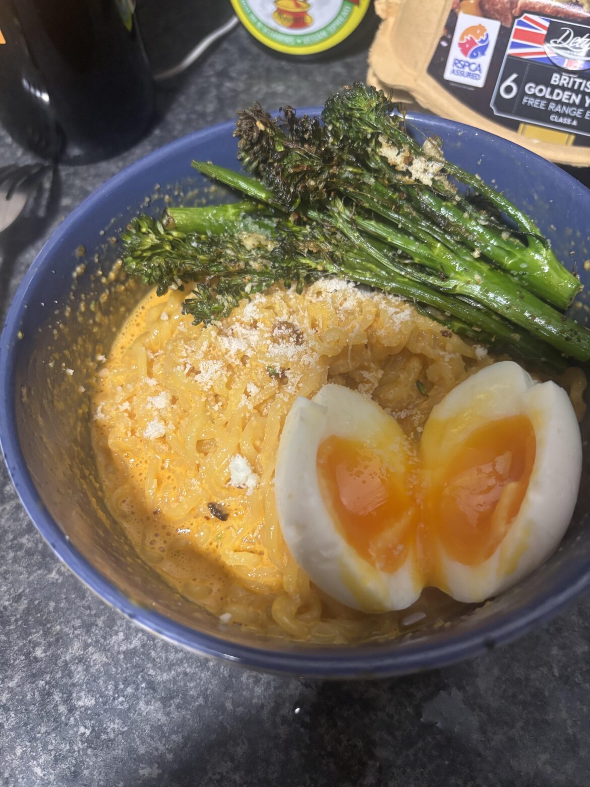 Some creamy Toomba with garlic parmesan broccoli and a soft boiled egg