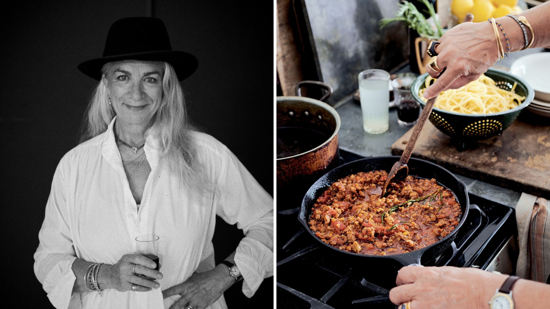 Black and white portrait of Lucinda Scala Quinn on the left and a close up of her cooking on the right