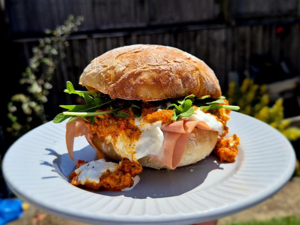 Mortadella & burrata with chilli, red pepper and almond pesto