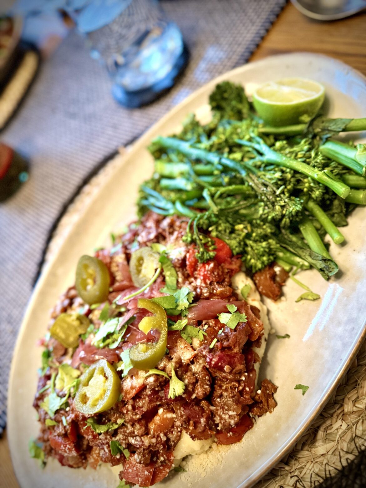 Smoky Beef Chilli, Mashed Potato & Tenderstem Broccoli with Lime and Sea Salt