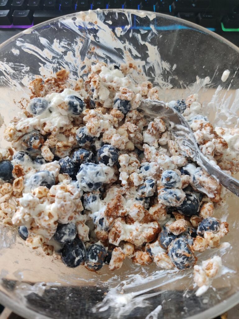 Breakfast! Quark, blueberries and popped spelt (352,5kcal)