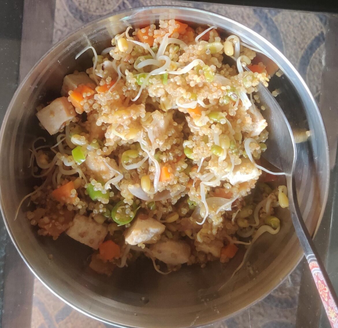 My breakfast today is - high class protein upma made with Quinoa, Tofu, carrot and moong sprouts