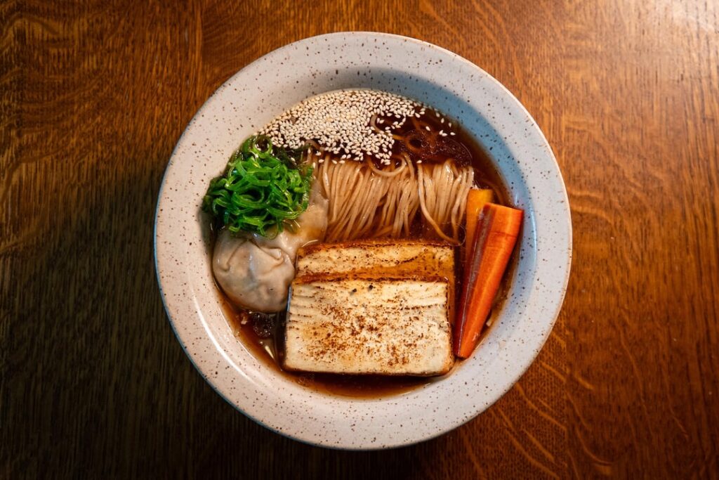 Shoyu ramen w/ wonton, tofu, carrot tsukemono