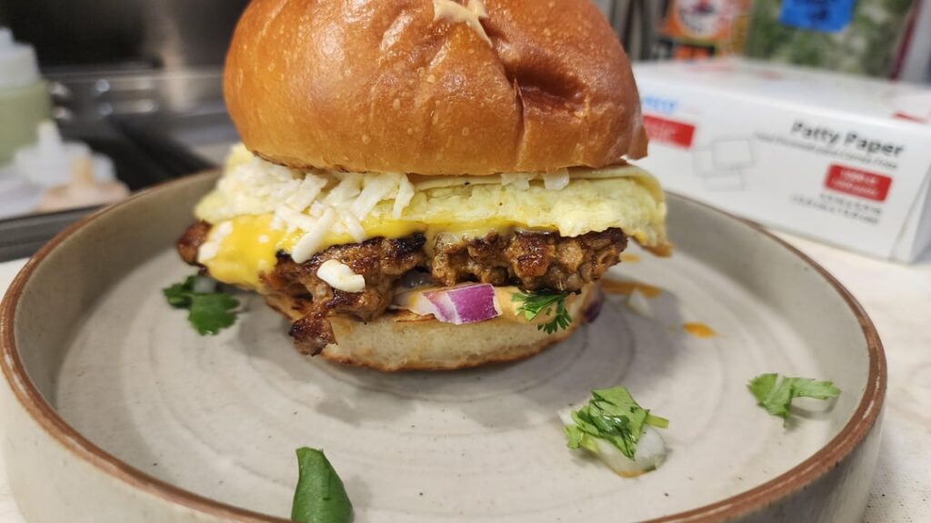 Chorizo and egg breakfast burger!